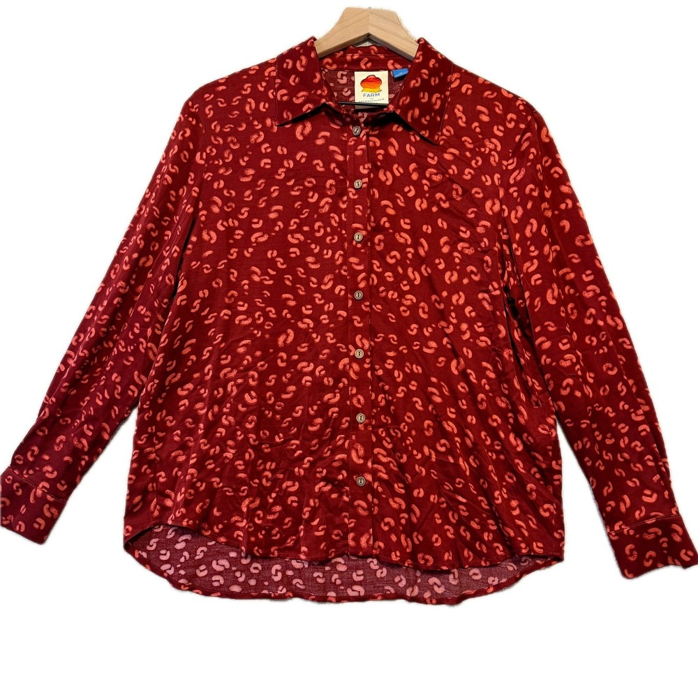 FARM RIO Shirt Women XS Anthropologie Leopard Print Red Viscose Button Front